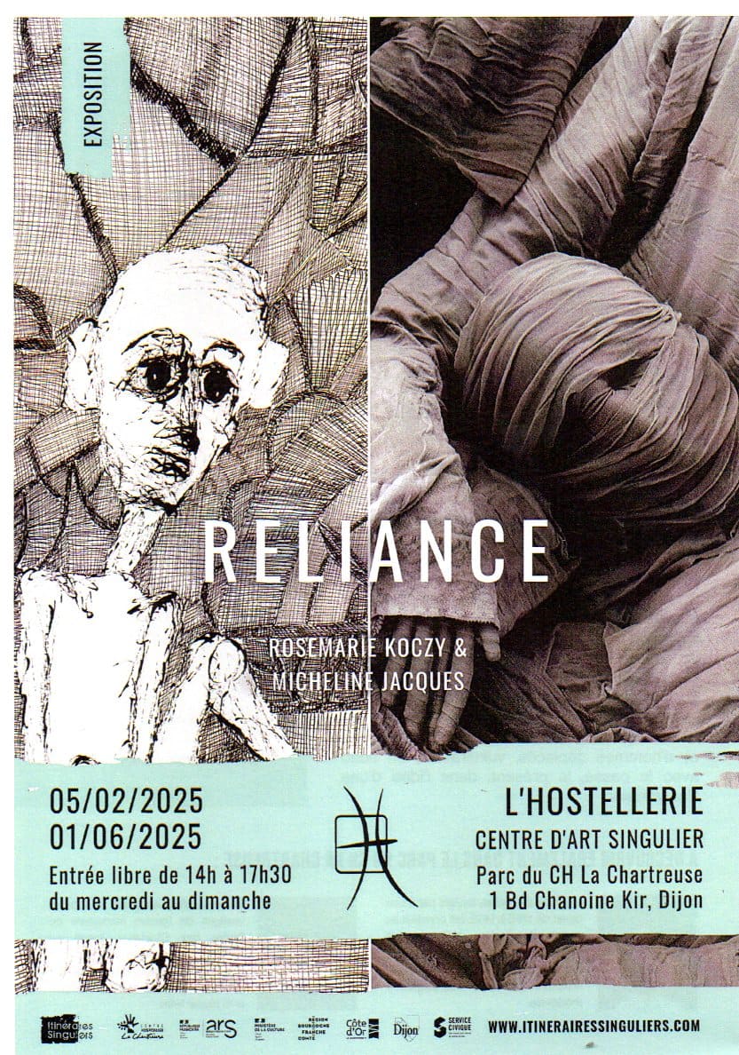 Bonjour à tous, hier soir j'étais au vernissage de l'exposition « Reliance » à l'Hostellerie Centre d'Art Singulier. Vous pouvez aller voir les créations de deux artistes jusqu'au 01 juin 2025 du mercredi au dimanche de 14h à 17h30. L'entrée est libre et située dans le parc du CH la Chartreuse, 1 bd Chanoine Kir à Dijon. C'est l’association Itinéraires Singuliers, avec son président Alain VASSEUR, toute son équipe et les bénévoles qui font vivre cette exposition... La première artiste, décédée, Rose-Marie KOCZY est exposée avec ses œuvres en noir et blanc. (https://fr.wikipedia.org/wiki/Rosemarie_Koczy) Pour ma part, malgré son passé et les tableaux, je vois de l'optimisme et l'espoir au delà du regard si captivant de ses personnages... En ce qui concerne la deuxième artiste, Micheline JACQUES, (https://www.rivaisjeanine.com/retour-sur-un-quart-de-siecle-d-ecriture/jacques-micheline/) je pourrais dire que c'est une Dame avec un grand D qu'il faut absolument rencontrer. Pour ma part, j'ai eu cet honneur le lundi avant le vernissage et de plus, j'ai pu échanger avec elle. En arrivant dans la première pièce, je vous avoue avoir été plus que surprise en voyant « ses individus ». Cela m'a fait revenir des années en arrière lorsque j'étais militaire et que j'ai eu le plaisir lors d'un voyage professionnel de rencontrer des touaregs des sables. Et bien, en regardant tous ces corps ainsi, j'avais l'impression qu'ils allaient se relever et continuer leur déplacement tant le réalisme est prenant...Micheline est d'une gentillesse sans nom et n'hésite pas à répondre aux questions des plus nombreux...cela a été pour moi une très belle rencontre et je vais vous dire un petit secret, prochainement, vous pourrez la retrouver lors d'une interview filmée pour mon blog. Cette exposition est placée sous l'association Itinéraires Singuliers, dont je suis adhérente depuis le 30 janvier 2025. C'est grâce à mon ami Gilles KAISER, que je remercie, mon couteau suisse pluridisciplinaire de l'art que j'ai ma carte de membre je pourrais dire actif. Cette association est ouverte à tous et prochainement le président Alain VASSEUR vous expliquera tout dans un reportage... Voici en quelques mots les missions et les valeurs de l'association Itinéraires Singuliers Considérer la mise en situation d'expression comme un des facteurs essentiel de l'accès à la culture.  Défendre une culture inventive et solidaire, fédérant tous les publics, en imaginant des projets artistiques permettant aux personnes en situation d'exclusion d'être acteurs à travers l'acte créateur et/ou l'acte de responsabilité et d'engagement.  Militer pour la reconnaissance des artistes singuliers et questionner le caractère vital de l'acte d'expression.  Proposer des formations, un travail d'accompagnement et d'expertise en tant que pôle ressource régional "Arts, Cultures, Santé et Handicaps"  Mettre à disposition des outils de médiation : exposition "Intim'errance", théâtre itinérant ...  Développer des actions artistiques en réseau. Voici le lien vers le site de l’association : https://www.itinerairessinguliers.com/ Je tenais à remercier le président, Alain VASSEUR mais aussi Camille VASSEUR, Chargé de communication et d'animation, les bénévoles et autres pour leur accueil, leur gentillesse et leur bienveillance...On se retrouve très vite à l'expo pour de nouvelles aventures...